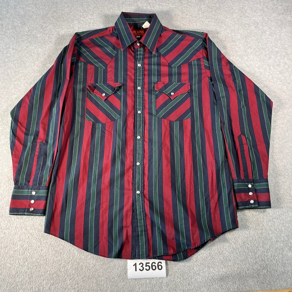 VTG Plains Western Wear Shirt Mens Medium Red Green Blue Striped Pearl Snap Up